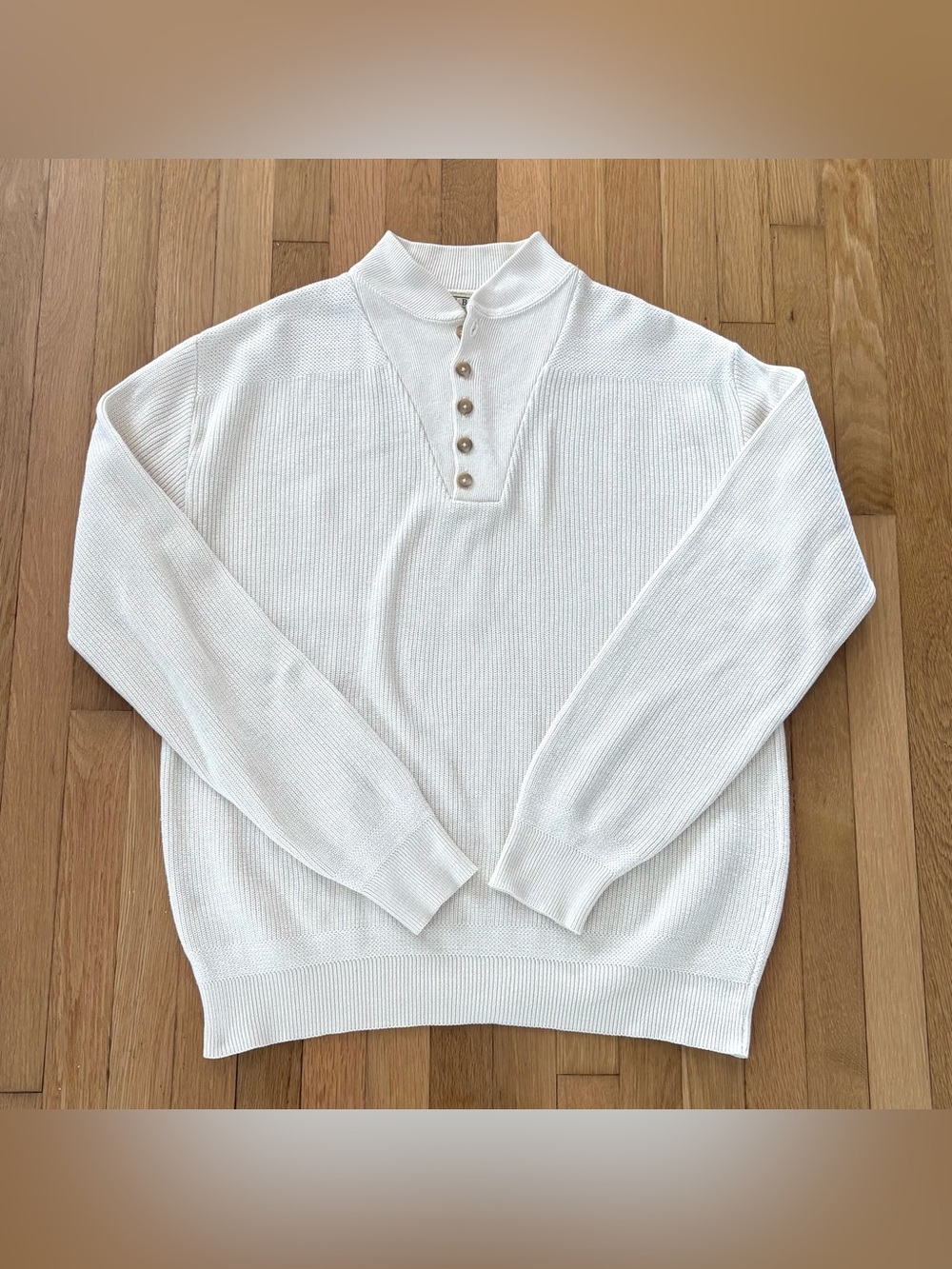 Vintage LL Bean Henley Sweater Mens L Off White Ribbed Cotton Knit 80s Gorpcore